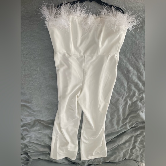 Aidan Mattox Strapless Feather Trim Jumpsuit